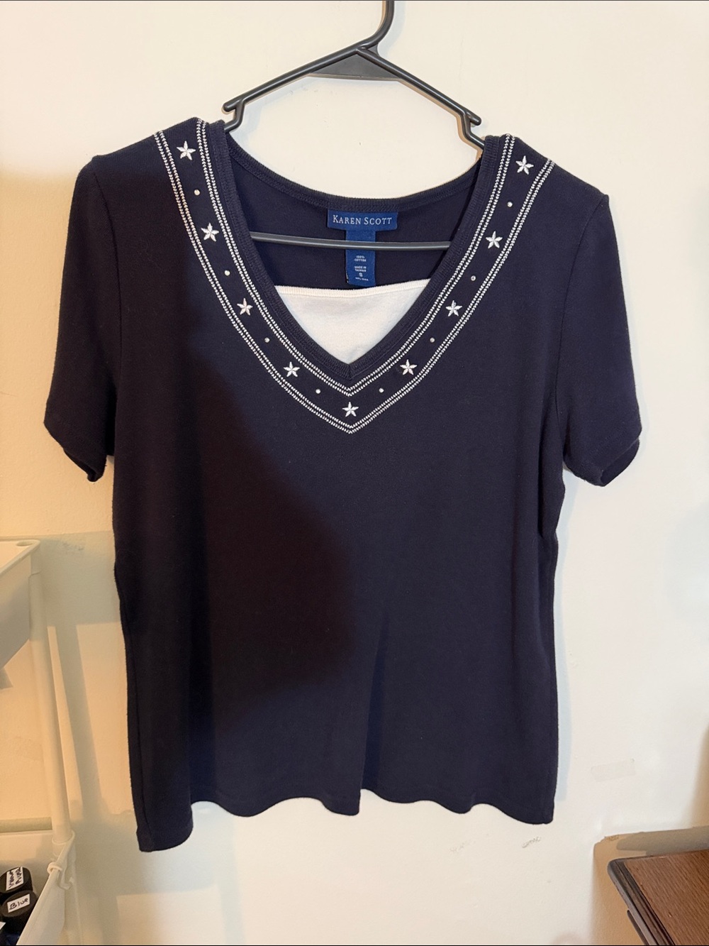 Karen Scott Navy Short Sleeve V-Neck Top with White Star Embroidery